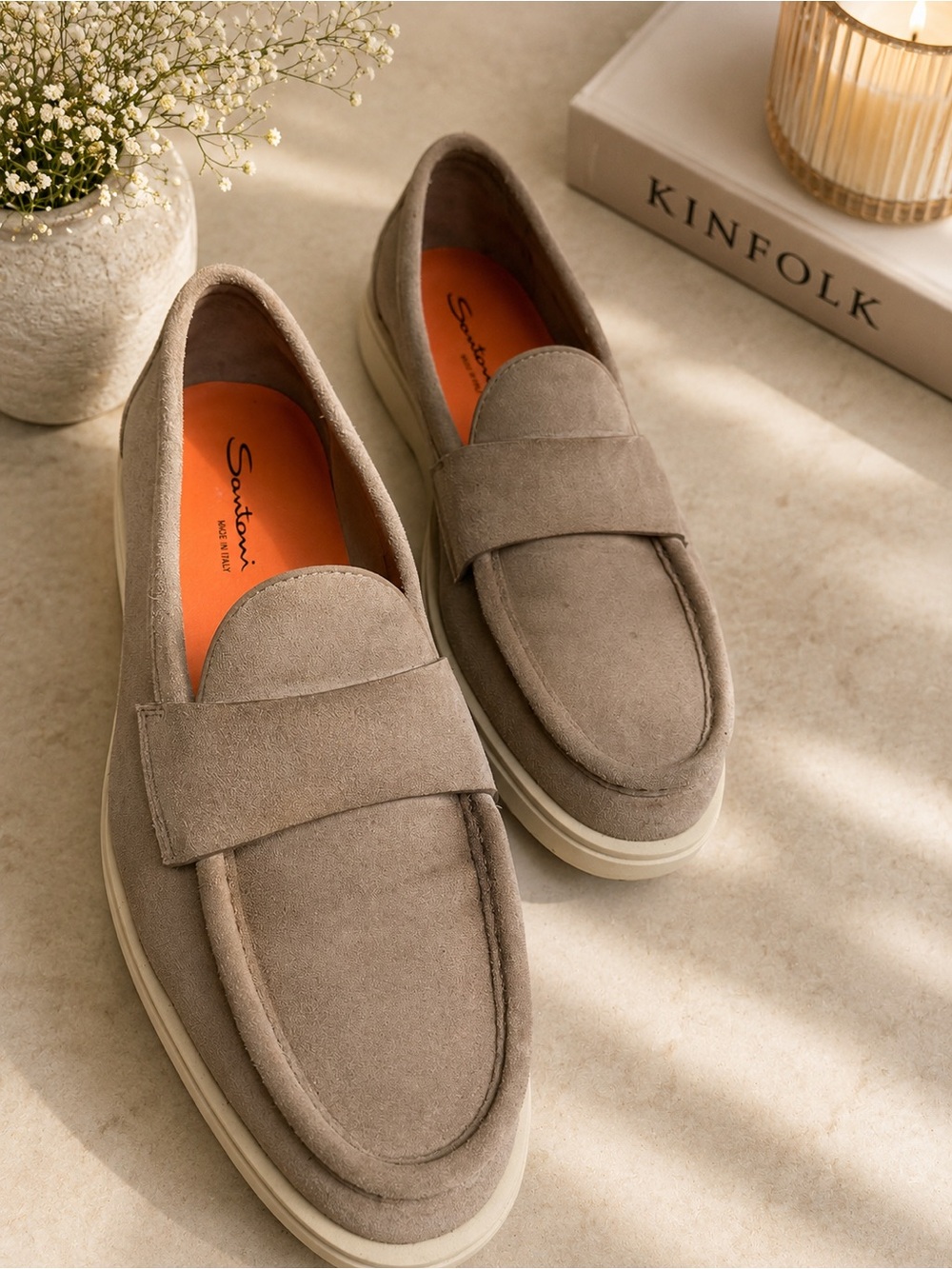 Santoni Taupe Suede Slip-On Penny Loafers